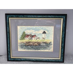 Framed Lighthouse Scene Needlepoint Art 11x9 Inches